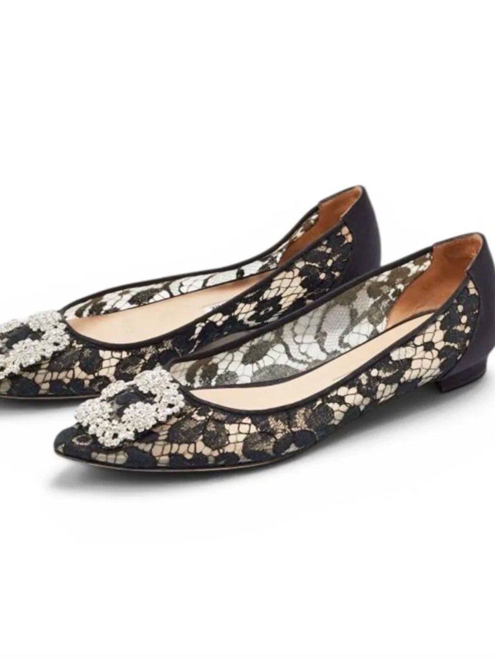 Manolo Blahnik - Hangisi Ballet Flats in Black Lace and Satin - Size 39